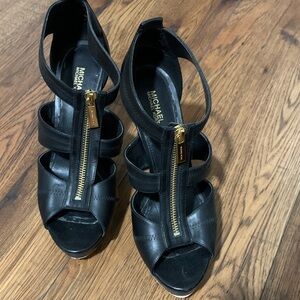 MICHAEL Michael Kors Black Leather Peep-Toe Heels with Gold Zipper
